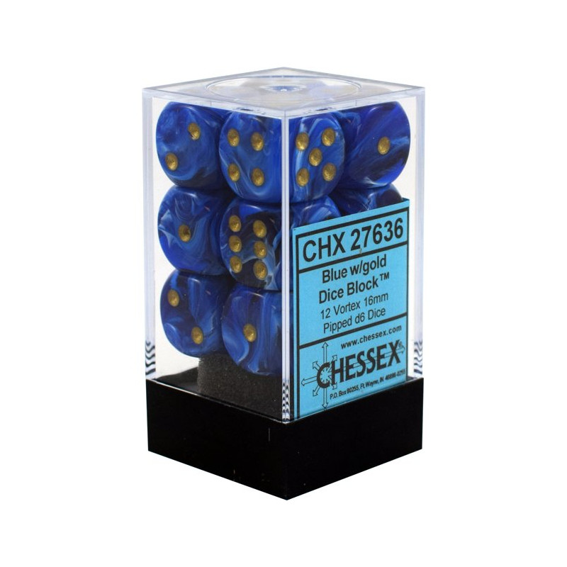 SET DE 12 DADOS d6 16MM VORTEX AZUL C/DORADO